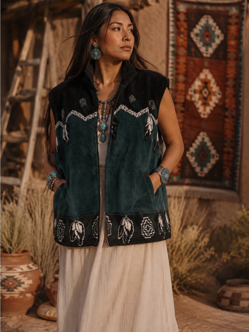 Vintage Navajo Native plush fleece Vest with pockets